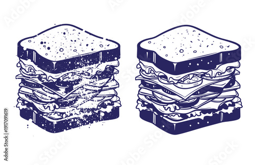 Grunge texture Two sandwich illustrations with layers of bread lettuce tomato and meat filling on white background Vintage Style