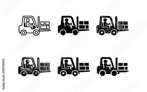 Set of forklift icons with different styles for logistics and warehouse operations