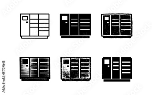 Collection of locker icons in various styles, from line art to distressed textures