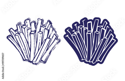 Grunge texture Two sets of French fries in a sketch style drawing one white outlined and one filled in dark blue on white background Vintage Style