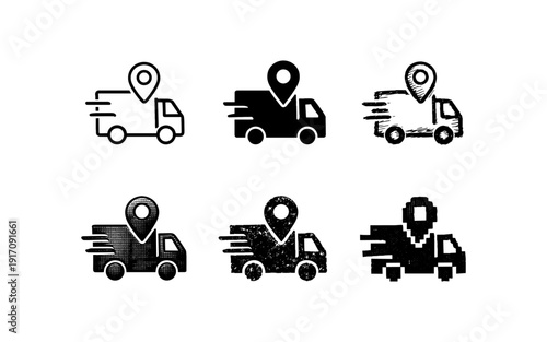 Set of delivery truck icons with location pins in various artistic styles