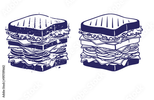 Grunge texture Two sandwich illustrations with multiple layers of meat lettuce tomato and cheese on white Vintage Style