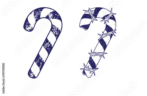 Grunge texture Two vintagestyle blue and white striped candy canes one plain and one wrapped with barbed wire for a festive holiday decoration Vintage Style