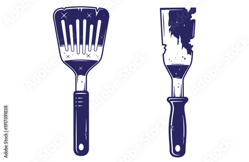 Grunge texture Vintage illustration of a spatula and a palette knife on white background  cooking and painting tools Vintage Style
