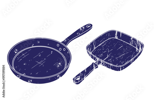 Grunge texture Vintage style illustration of two distressed frying pans one round and one square for cooking and kitchen use Vintage Style