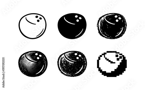 Collection of bowling ball illustrations in various artistic styles and textures