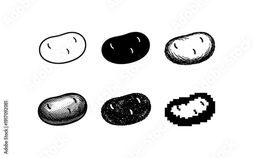 Collection of six different potato illustrations in various artistic styles
