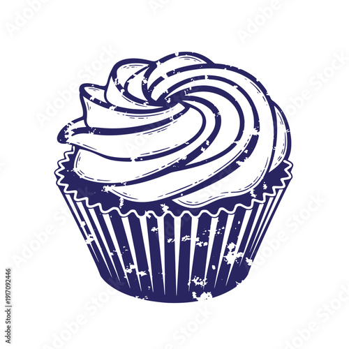 Grunge texture cupcake with frosting in a paper wrapper on white background  sweet treat Vintage Style