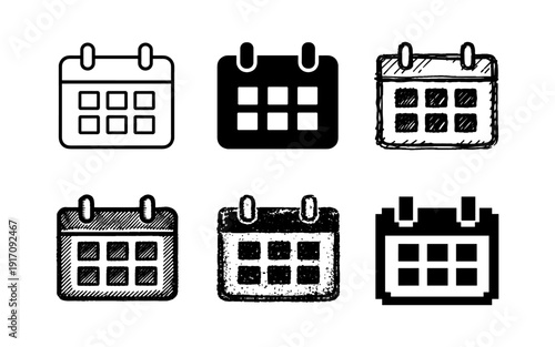 Collection of six calendar icons in various artistic styles and formats