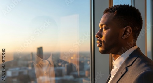 thoughtful man gazing out window at sunset in modern city office, reflecting contemplation