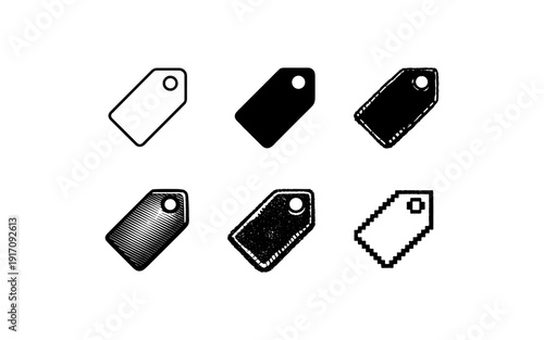 Collection of six different tag icons with varied styles and textures for design use