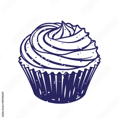 Grunge texture cupcake with swirled frosting in a paper wrapper on white background Vintage Style