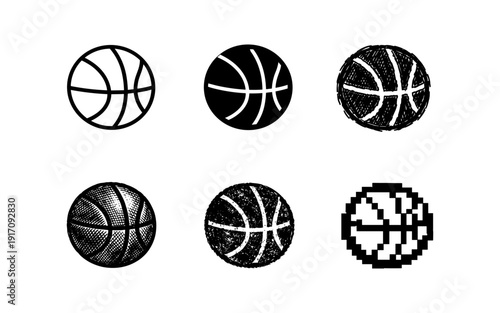 Collection of six basketball icons in various artistic styles and textures