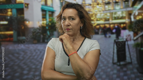 Schilderij op canvas Woman with hand on chin standing on urban street with blurred colorful shopfronts; deep contemplation