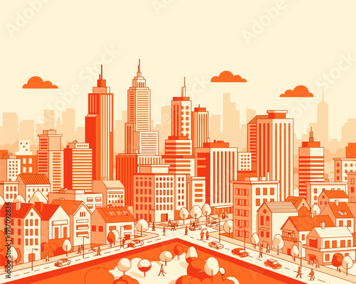 Modern Cityscape, Architectural Designs, Vibrant Colors, Digital Art, Overview Perspective