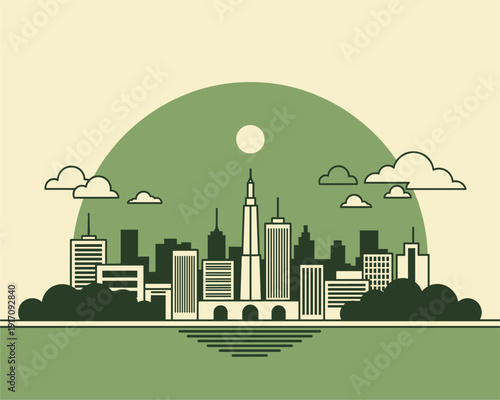 City Skyline Illustration, Urban Architecture, Digital Art, Modern Environment, Daylight View, Graphic Design Concept