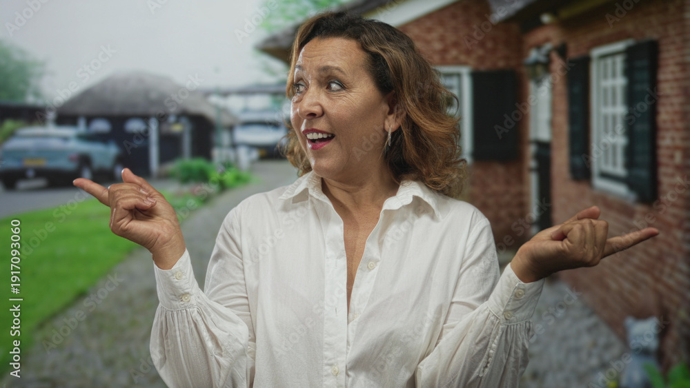 Fototapeta premium Woman in white shirt pointing fingers at sides in front of house building entrance; uncertainty choice.