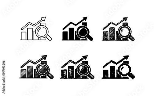 Collection of hand-drawn icons representing financial growth analysis and data investigation