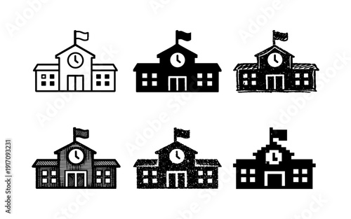 Collection of school building icons in various artistic styles and textures