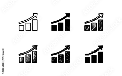 Collection of hand-drawn bar chart icons with upward trending arrows indicating growth