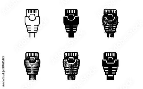 Collection of six different styles of RJ45 Ethernet connector icons on a white background