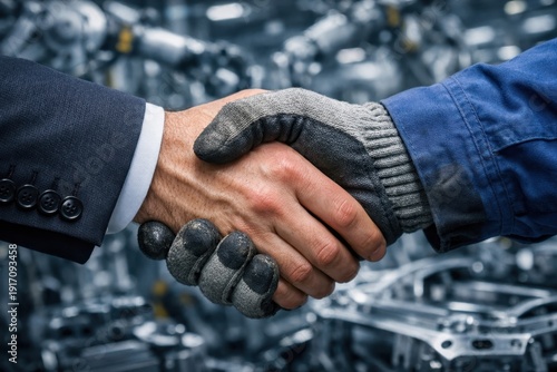 Businessman in suit and factory engineer in protective glove shaking hands against automated robotic car assembly line background.