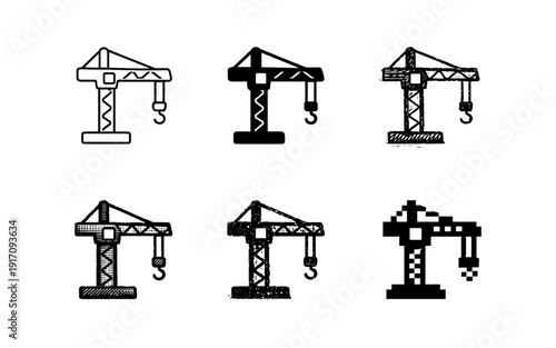 Collection of diverse crane icons representing construction and industrial lifting equipment
