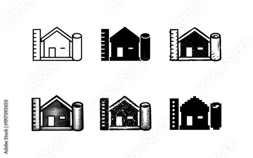 Set of house blueprint icons with different styles and textures for architectural design