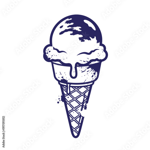 Grunge texture ice cream cone with a scoop melting down  sweet treat dessert Vintage Style
