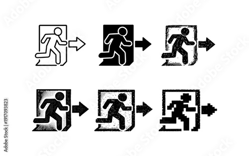 Collection of stylized running man exit signs with arrows in various artistic styles