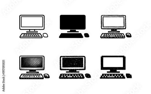 Collection of six different desktop computer icons with keyboards and mice