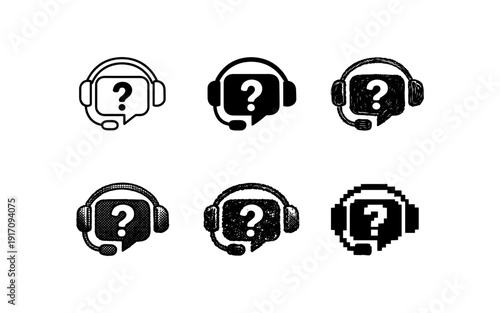 Collection of six different headset icons with question marks inside speech bubbles