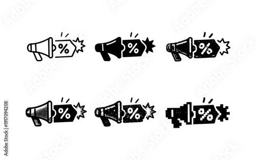 Collection of megaphone icons announcing sales and discounts with percentage tags