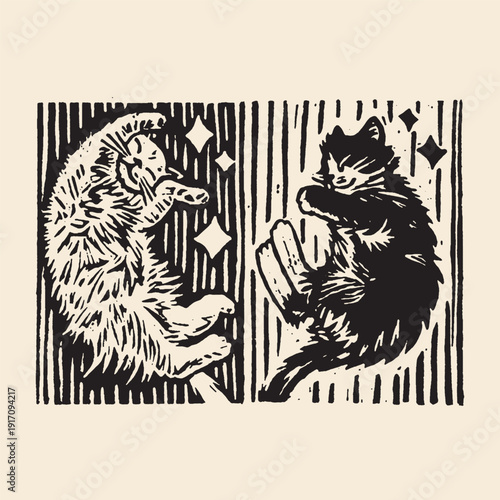 Two stylized cats, one black and one white, sleeping peacefully amongst starry vertical stripes, linocut art with a playful, whimsical feel.