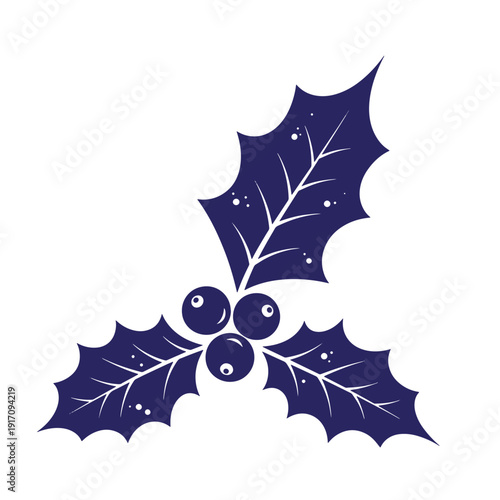 Grunge texture Blue holly leaves and berries on white background  festive Christmas symbol Vintage Style