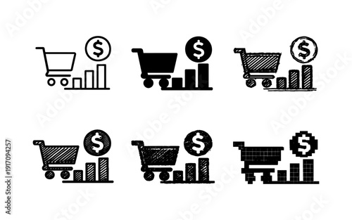 Shopping cart with rising graph and dollar sign icons representing business growth and sales