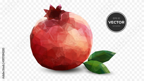 A vibrant, polygonal pomegranate with green leaves against a transparent background.