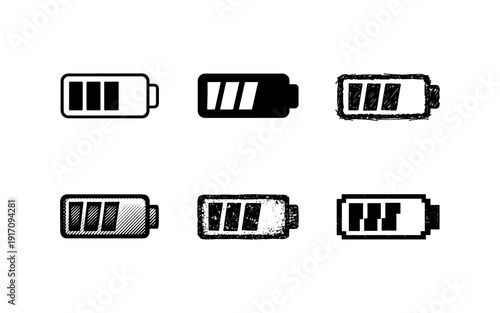 Collection of battery charge level icons in various artistic styles and textures