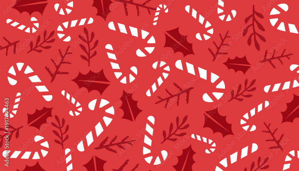 Obraz premium Festive red pattern with white candy canes and green leaves, perfect for holidays.