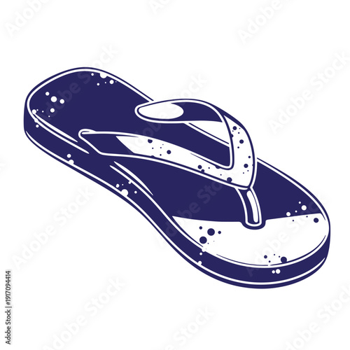 Grunge texture Dark blue flip flop with white outline and splatters on white background  a single flipflop with a strap Vintage Style