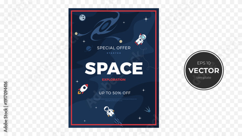 Colorful space exploration poster featuring rockets and planets, promoting offers.