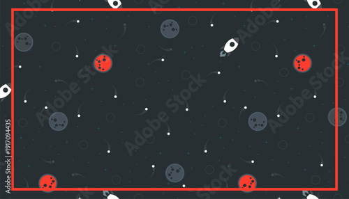 Colorful space-themed background with rockets, planets, and stars.