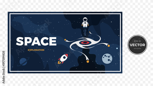 An astronaut explores a vibrant galaxy filled with planets and spaceships.