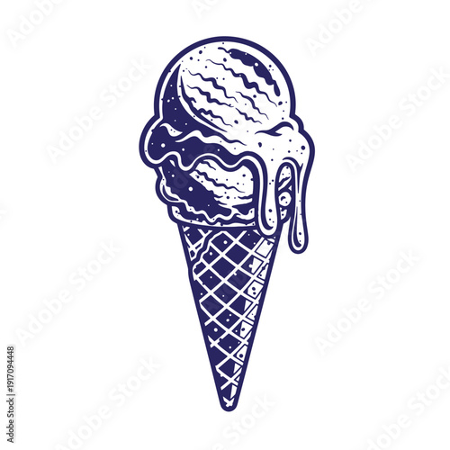 Grunge texture navy blue illustration of melting ice cream cone with one scoop on white background  sweet treat Vintage Style