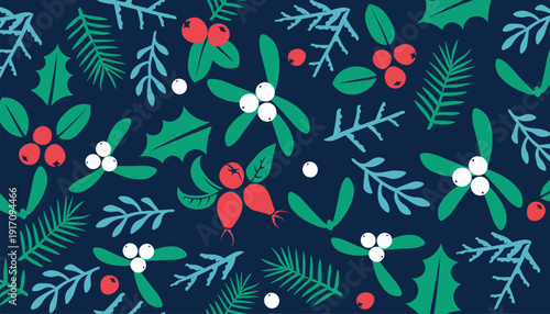 Festive botanical pattern featuring red berries and green leaves on a dark background.