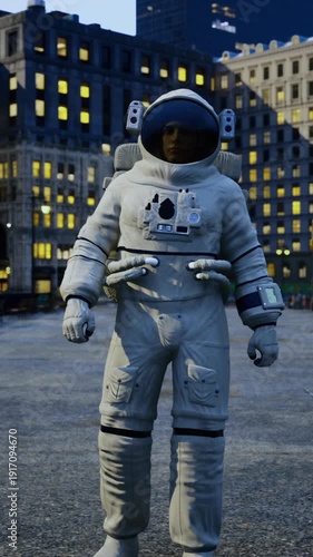 In a bustling city at twilight, an astronaut stands confidently on a quiet pier. Surrounding buildings glow warmly, highlighting a unique blend of space exploration and urban life.