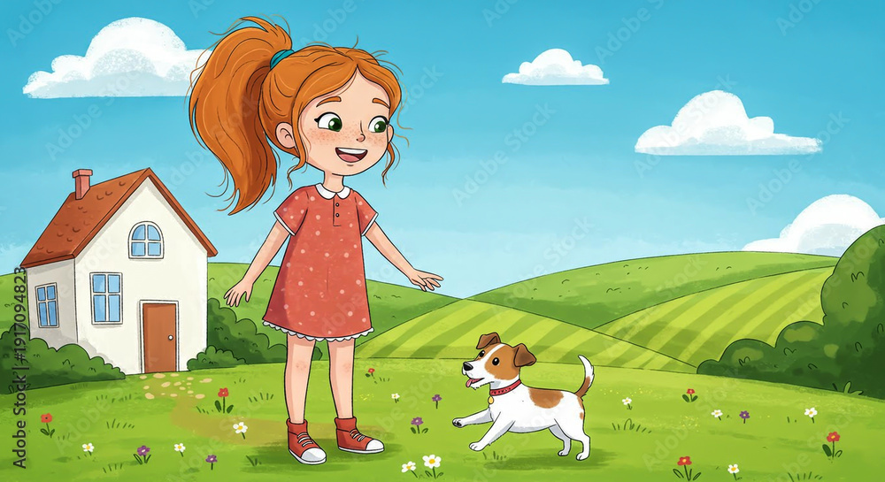 Fototapeta premium Girl and dog playing in a sunny field.
