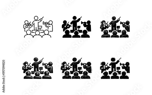 Orchestra conductor leading musicians and audience in various artistic styles