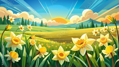 Very beautiful daffodil flowers blooming across a vast spring field, radiant yellow petals shining beneath soft sunlight, surrounded by lush green grass and a peaceful countryside horizon.