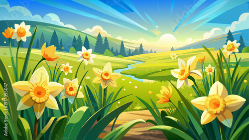 Very beautiful daffodil flowers blooming across a vast spring field, radiant yellow petals shining beneath soft sunlight, surrounded by lush green grass and a peaceful countryside horizon.
